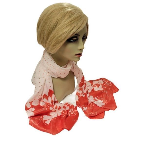 Red Polka Dots Floral Motif Womens Fashion Scarf - NWOT - Picture 1 of 7